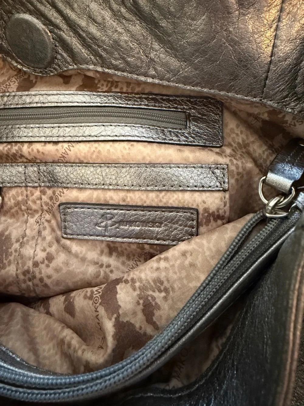 b. makowsky Metallic Gray Leather Shoulder Satchel - Picture 2 of 10